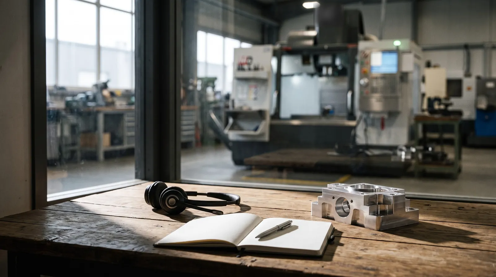 A headset, an open notebook and a machined aluminum part on a desk overlooking a CNC machine shop floor.